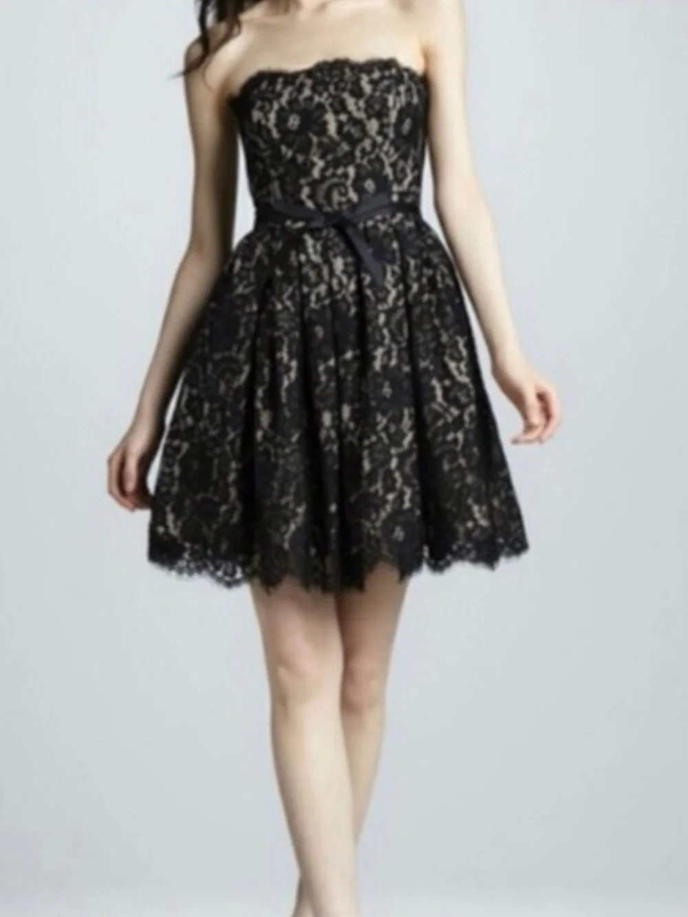 Strapless Black Lace Dress with Cream Lining and Satin Waist Bow Size 6